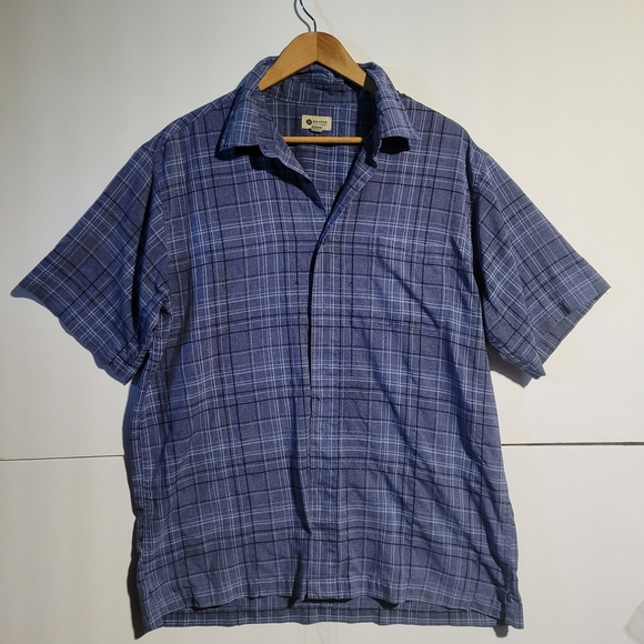 Haggar Men's Navy Checkered Button Up Collard Size Large - Picture 2 of 5